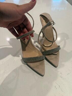 Elegant Beige Pointed-Toe Ankle Strap Heels with Rhinestone Straps